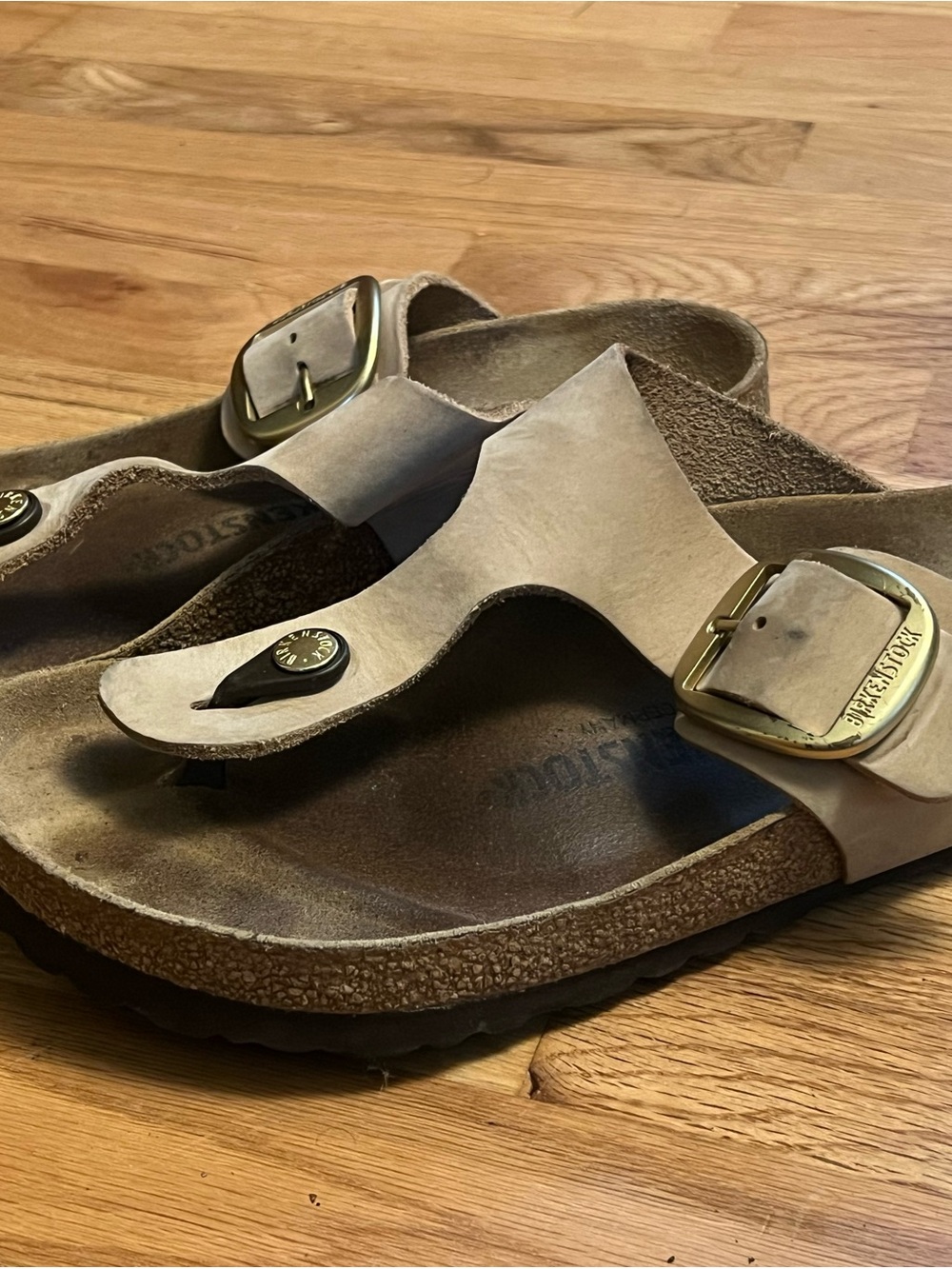 Birkenstock Suede Thong Sandals in Taupe with Gold Buckles - Picture 2 of 3
